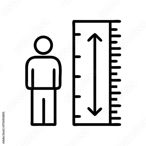 Vector art of stylized line art icon depicting a person next to a measuring ruler with doubleheaded arrow showing scale