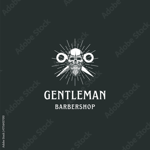 Vintage gentleman barbershop logo with skull, scissors, and beard for edgy branding and stylish design projects promoting barber culture