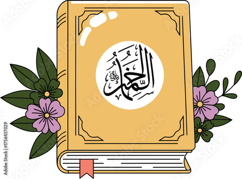 Beautiful islamic book with arabic calligraphy and floral decorations on a light background