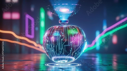 Abstract technology presents glowing tech orb, featuring circuit board patterns and vibrant colors. This tech orb concept conveys innovation and futurism, presenting advanced data visualization.