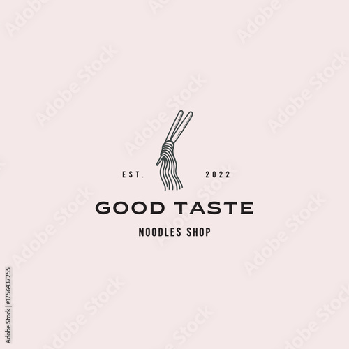 Elegant good taste noodles shop logo with chopsticks design for branding materials, restaurant menus, and food packaging in a modern minimalist style