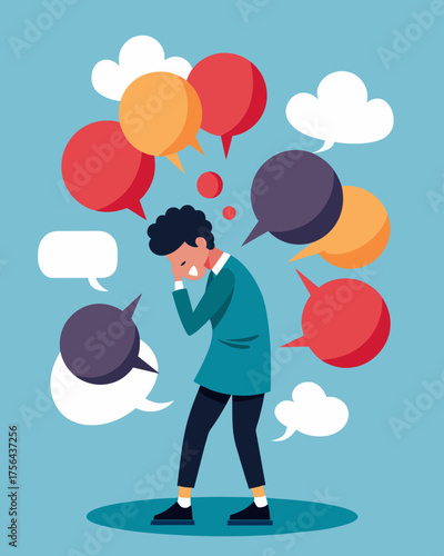 A person trying to shield themselves from a barrage of speech bubbles each one filled with hurtful words and damaging lies.. Vector illustration
