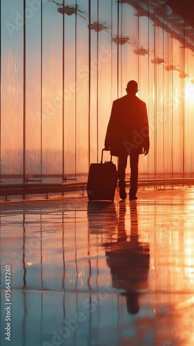 Silhouette of person with wheeled suitcase walking away along spacious airport corridor with panoramic windows illuminated by early dawn light.