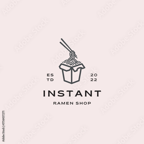 Modern instant ramen shop logo design template for branding and marketing, food delivery business, noodle restaurant, takeout container with chopsticks