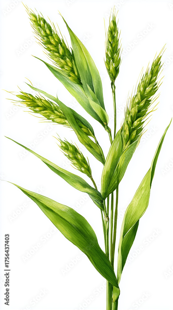 Obraz premium Green oat plant stem on white background.