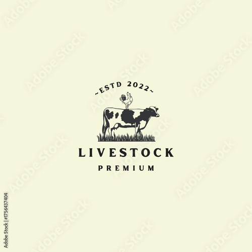 Classic livestock farm emblem with cow and rooster, established in 2022, perfect for branding fresh dairy products or a rustic agricultural business