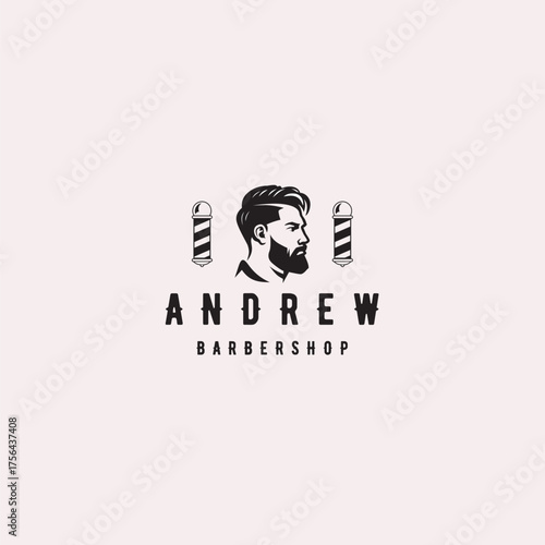 Modern barbershop logo design featuring a stylish man and traditional barber poles, ideal for branding, advertising, and social media marketing campaigns