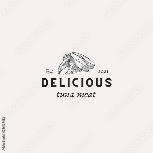 Elegant tuna meat logo design for seafood brand or restaurant, conveying freshness and quality with a vintage-inspired aesthetic on a light pink background