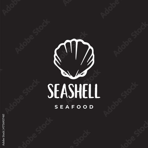 Elegant white seashell logo design on black background for seafood restaurant or coastal brand identity showcasing fresh ocean flavors in a timeless way