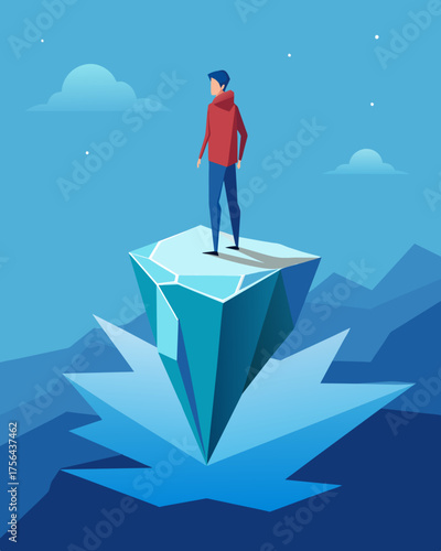 A person stands on a floating shard of ice the tip being just the beginning of a much deeper and complex emotional state.. Vector illustration