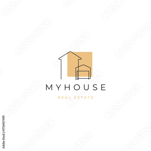 Modern real estate logo design featuring a stylish house and garage line art in a contemporary yellow square, perfect for branding and marketing materials