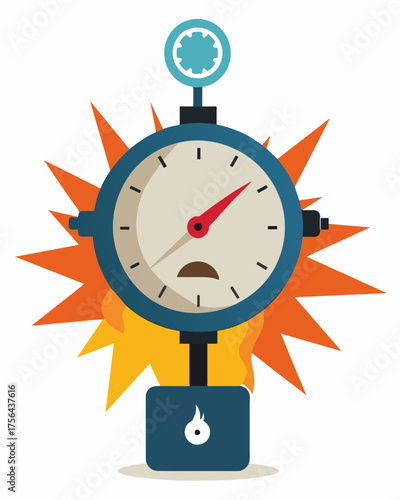 A pressure gauge reaching its critical point much like the head depicted as a pressure cooker ready to explode from stress.. Vector illustration