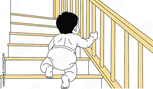 Curious toddler wearing a diaper climbs up wooden stairs holding onto the railing for support