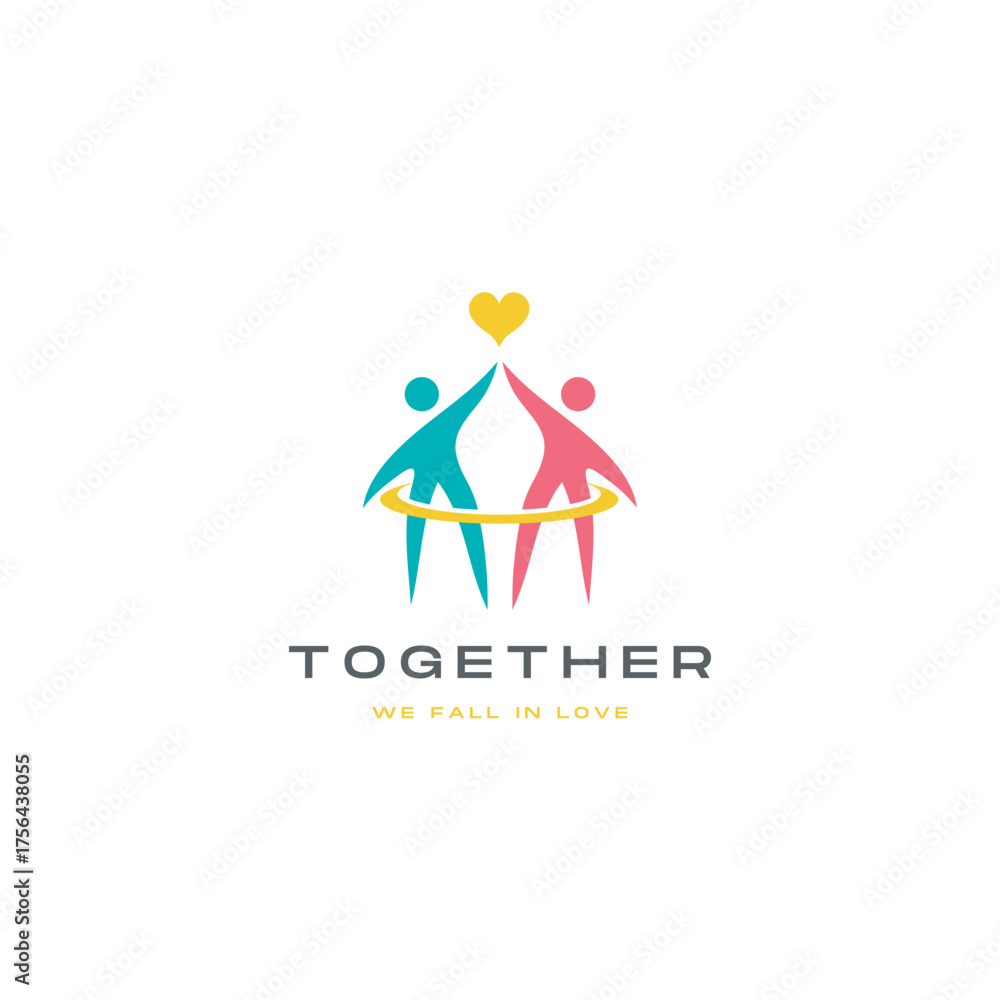 Obraz premium Modern couple reaching for golden heart, vibrant symbol of love and unity, perfect for wedding invitations or relationship advice branding materials