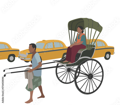 Kolkata Rickshaw with Passengers and Taxi – Indian Street Life
