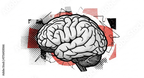 Stylized brain illustration with abstract geometric shapes and halftone patterns