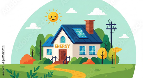 Cartoon house with solar panels and a smiling sun promoting green energy solutions