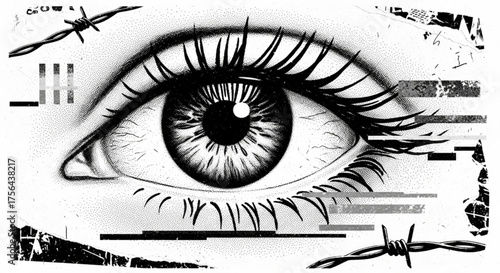 Detailed eye illustration with barbed wire and glitch effects in black and white