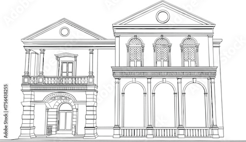 Classical building facade drawing, architectural elevation, vector blueprint, CAD sketch, symmetrical design, columns, arches, pediments, scalable flat artwork