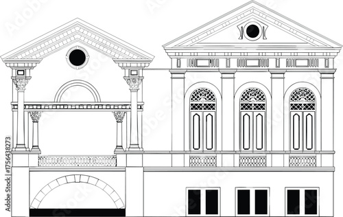 Classical building cross-section, elevation drawing, architectural blueprint, CAD sketch, vector illustration, columns, pediment, vaulted ceiling, scalable artwork