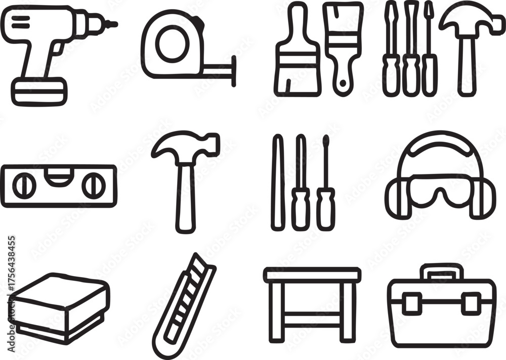 Fototapeta premium DIY Renovation Tool Icon Set include, Power Drill, Measuring Tape, Paint Brushes, Circular Saw, Level, Hammer, Screwdriver Set, Safety Equipment, Sanding Tools, Utility Knife, Workbench
