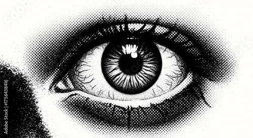 Close up of a detailed human eye in black and white halftone illustration