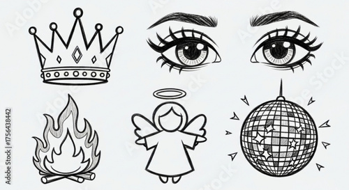 Line art drawing featuring a crown eyes fire angel and disco ball elements