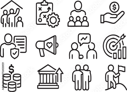 Nonprofit Social Work Initiatives Icon Set include, Community Outreach, Program Development, Volunteer Management, Grant Funding, Case Management, Advocacy Campaign, Stakeholder Engagement