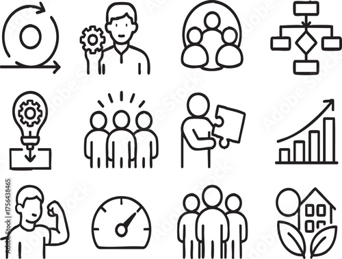 Kaizen Employee Engagement Icon Set include, Continuous Improvement, Worker Involvement, Quality Circles, Process Optimization, Suggestion Systems, Team Collaboration, Problem Solving