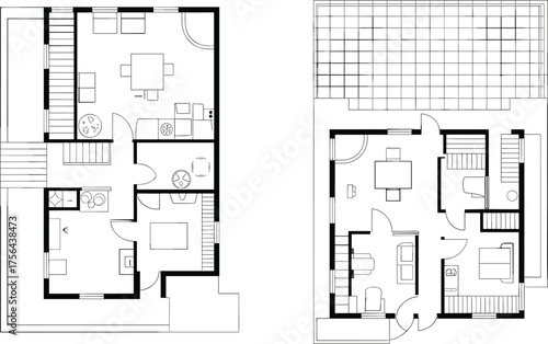 Two-level residential house plan, architectural layout, furniture placement, vector blueprint, CAD drawing, interior design, scalable flat artwork, home illustration