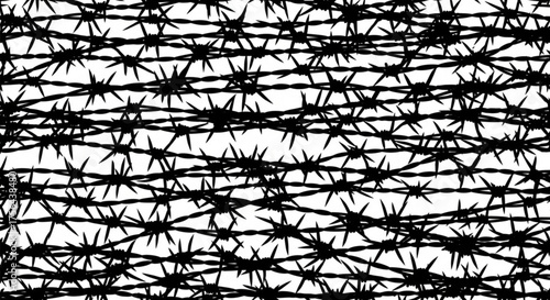 Black barbed wire fence silhouette against white background creates stark contrast