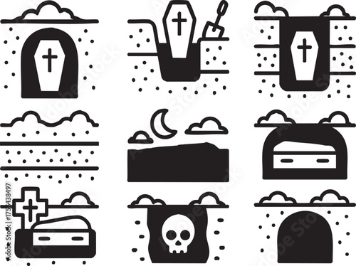 Underground Coffin Icon Set include, Burial Chamber, Earthen Surroundings, Casket Placement, Grave Depth, Soil Layers, Darkness, Final Rest, Underground Space, Funeral Context, Mortality Symbol