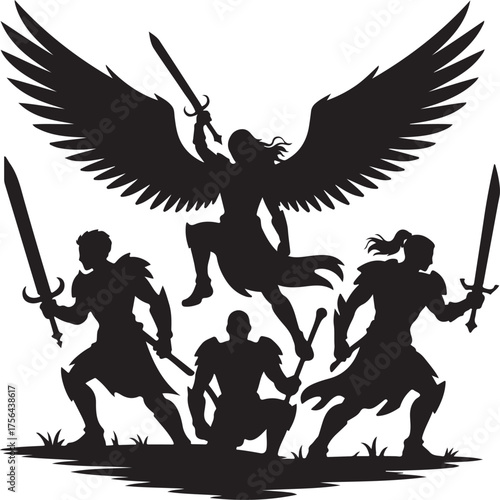 Black silhouette of winged warrior and swordsmen on grass