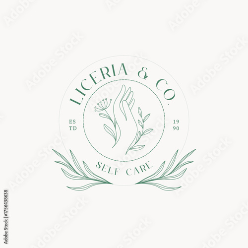 Elegant botanical self care logo with hand and floral elements for a modern brand identity, perfect for wellness and beauty businesses seeking a natural aesthetic