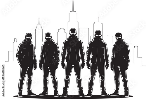 Five masked figures in black hoodies stand before a city skyline