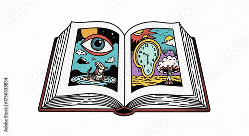 Open book displaying surreal illustrations of time vision and nuclear events