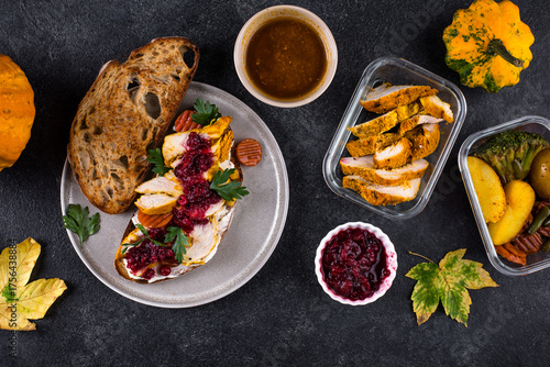 Leftover Thanksgiving day sandwich with turkey