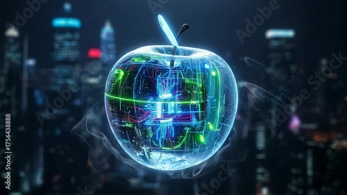 Electronic technology meets nature with apple circuit board showing information technology, symbolizing innovation. Apple circuit board creates electronic technology with futuristic design,