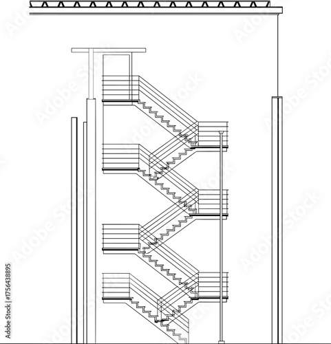 Multi-story staircase section, architectural drawing, structural layout, CAD sketch, vector blueprint, building elevation, scalable artwork, stairwell design, trusses