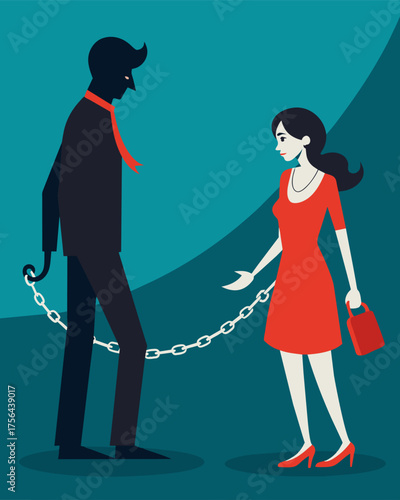 A person ped in a toxic relationship depicted by an invisible chain that holds them captive to the manipulative tactics of their partner.. Vector illustration