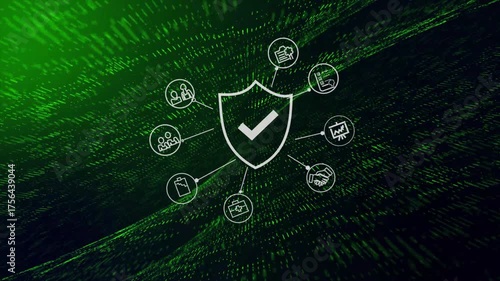green background with digital security shield with checkmark icon, representing data protection and cyber safety, held between open hands with glowing lights and network .