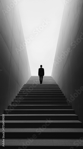 Minimalist Black and White image of a Lone Man Ascends a Long Staircase Toward Bright Light, Symbolizing Perseverance, Hope, and the Path to Success. Copy space, aspect ratio 9:16 