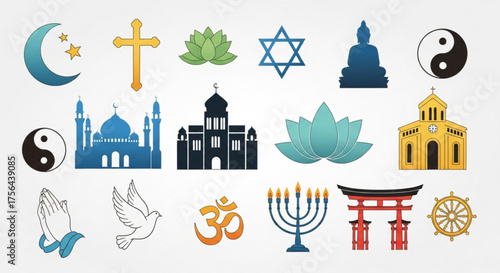Diverse religious symbols representing world religions and spiritual traditions