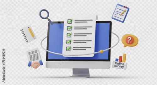 Online survey checklist on computer screen with magnifying glass and documents