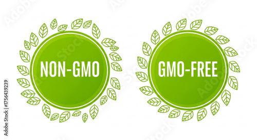 Green nongmo and gmofree labels with leaves for healthy food product marketing