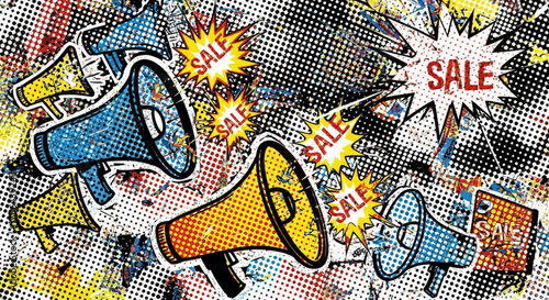 Pop art sale advertisement with megaphones and comic book style explosions