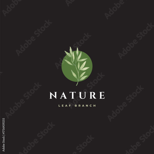 Elegant nature logo design featuring a graceful leaf branch within a verdant circle perfect for sustainable brands and eco-conscious businesses