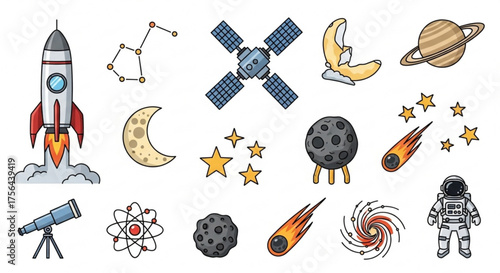 Space exploration elements including rocket astronaut planets and celestial bodies