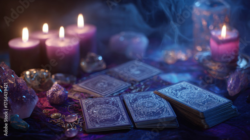 Mystical Tarot Cards Spread With Burning Candles Crystals And Incense Smoke Spiritual Fortune Telling Ritual Setup