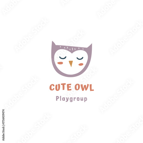 Adorable owl cartoon logo template for children's playgroup or daycare, featuring a cute, sleepy design that's perfect for branding and marketing materials